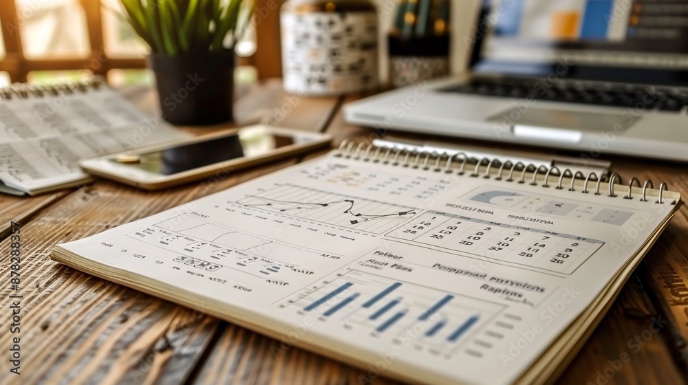 Poster financial planning flat lay with paper crafted budget sheets graphs and a calendar stock photo with 
