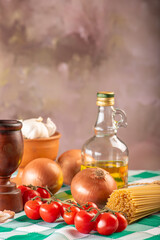 Pasta, table with pasta, ingredients and utensils, selective focus.