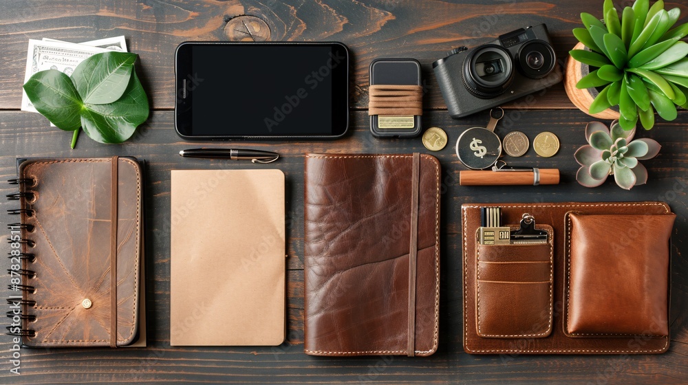 Poster 2D flat lay paper crafted desk setup with a smartphone wallet notebook and financial items Stock Photo with copy space