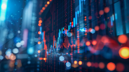 Cityscape at night with digital financial tickers, futuristic ambiance