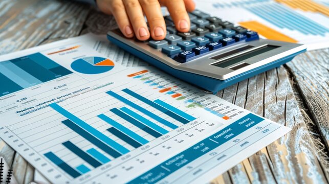 Paper craft art of financial planning tools including charts budget sheets and a calculator in flat lay Stock Photo with copy space