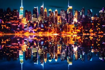 New York City Manhattan skyline panorama at night with urban skyscrapers and reflections.