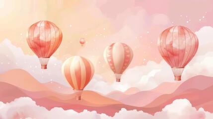 Charming pastel hot air balloons in the sky over serene mountainscape