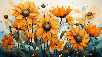 Watercolor sunflowers art, ala prima, painting with spots and splashes, picturesque still life, summer and autumn sunny flowers, poster, background, wallpaper, generative AI