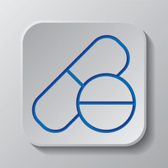 Tablet and pill simple icon vector. Flat design. Paper cut design. Cutted blue symbol with shadow. Gray badge button, gray background