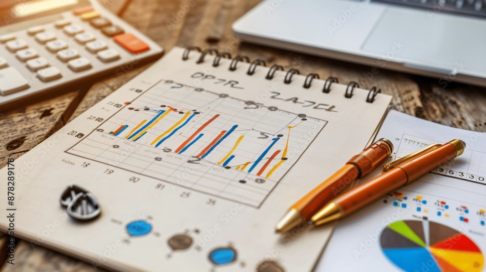 Poster financial planning flat lay with paper crafted graphs budget sheets and a calendar stock photo with 