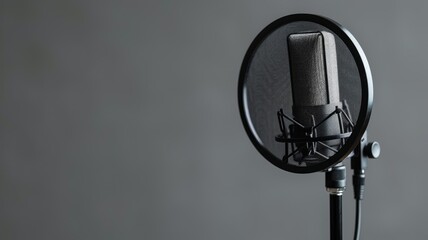 Professional recording microphone with pop filter in studio setting
