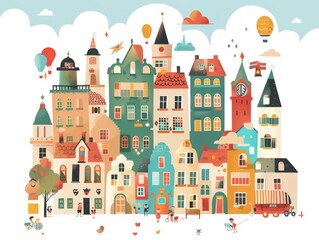 A Colorful Cityscape with Cartoon Buildings and  Characters