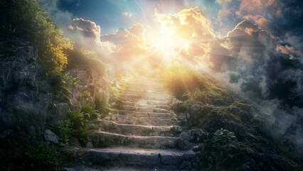Mystical Stairway Leading to a Glowing Light in the Sky