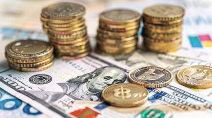 Currency exchange setup with paper crafted symbols of various currencies and exchange rates Stock Photo with copy space