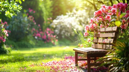 Naklejka premium Sunny garden with flowers, bench, and lush greenery