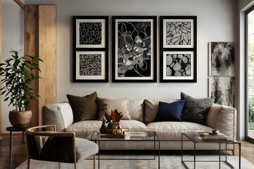 A beautiful living room interior featuring a gallery wall of assorted frames can be used as a wallpaper or abstract background