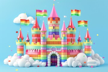 A rainbow castle with flags on the roof