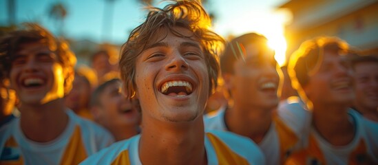 Obraz premium Group of Young Friends Laughing at Sunset