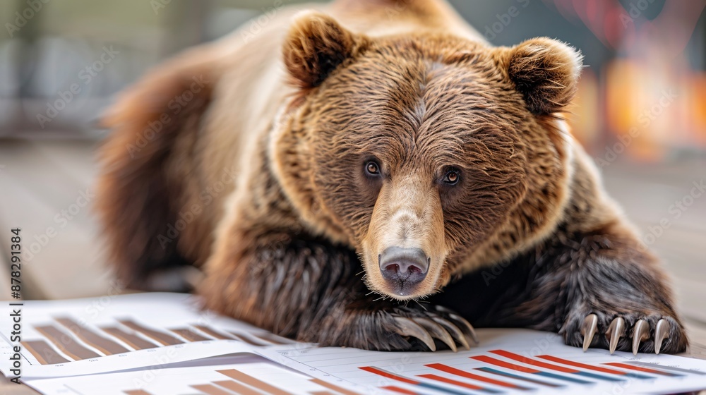 Aufkleber Bear market icon in a flat lay with paper declining graphs and negative indicators Stock Photo with copy space