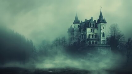 Obraz premium Gothic castle shrouded in mist with eerie lighting in the forest