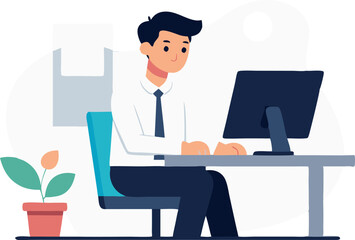 Young professional working at desk with computer and plant in modern office setting