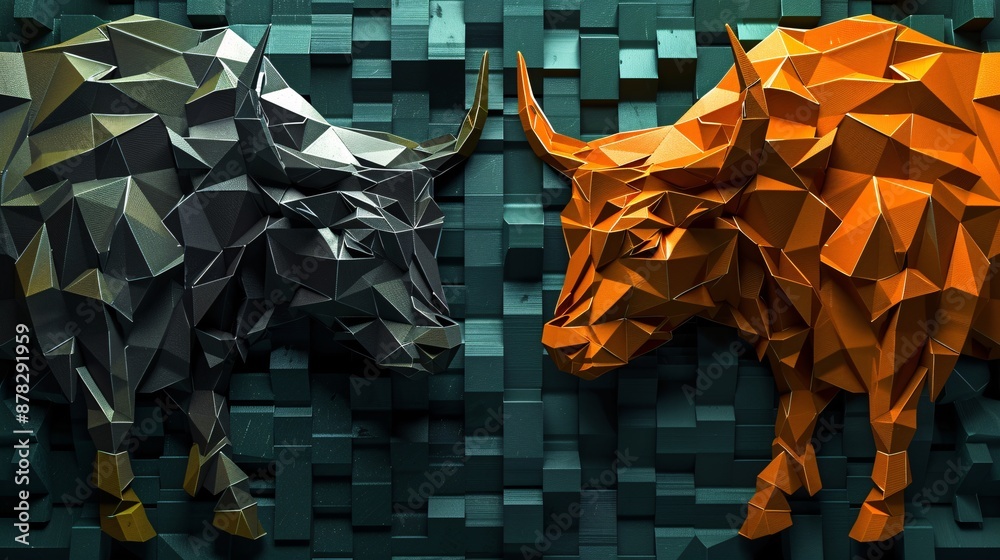 Poster 2d flat lay of bull and bear market symbols with paper crafted stock elements stock photo with copy 