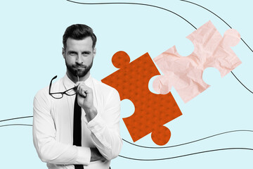 Creative picture collage young handsome man connect puzzle match logic game pieces fragments intellectual brainstorming