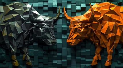 2D flat lay of bull and bear market symbols with paper crafted stock elements Stock Photo with copy space