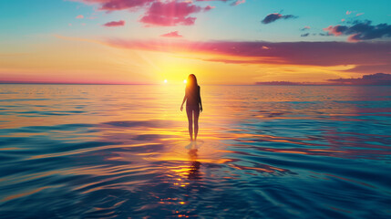 sunset and woman walking on the water at the beach 