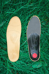 Orthopedic insoles for shoes on a background of green grass