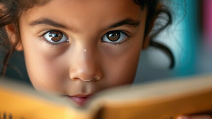 Close up of attractive child reading a book while looking at camera. Elementary student holding fairy tale novel book or bedtime stories with blurring background. Creative activity concept. AIG42. © InfiniteFlow