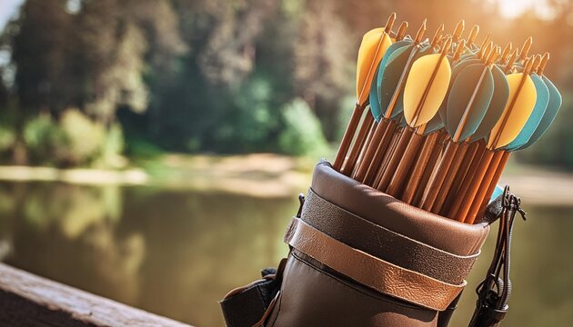 A detailed shot of archery arrows in a quiver.