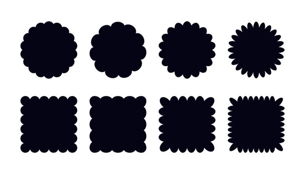 Round and square shapes with scallop edges set. Wavy borders sticker templates.