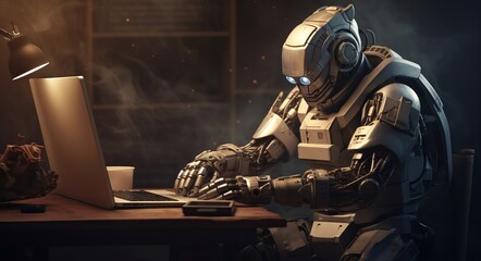 Fototapeta premium A sleek, humanoid robot sits at a desk, focused on working on a laptop computer.