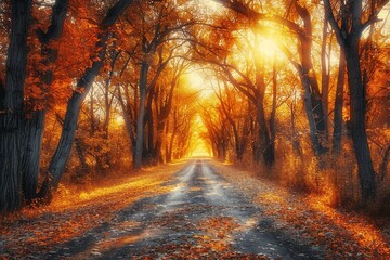 Fototapeta premium Autumn forest with country road at sunset. Colorful landscape with trees, rural road, orange and red leaves, sun in fall. Travel. Autumn background. Amazing forest with vibrant foliage in the evening
