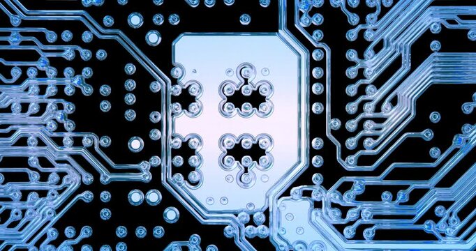 Animation of technical scheme of computer circuit board with color changing. Details of mainboard with microelectronics components, lines and connections. Microcircuit with electronic components