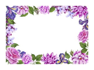 Beautiful  template  with pink rose, blue iris and green leaves. Watercolor flowers in square frame for wedding invitations, cards, stickers, prints and other decor.