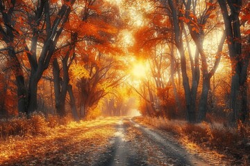 Fototapeta premium Autumn forest with country road at sunset. Colorful landscape with trees, rural road, orange and red leaves, sun in fall. Travel. Autumn background. Amazing forest with vibrant foliage in the evening