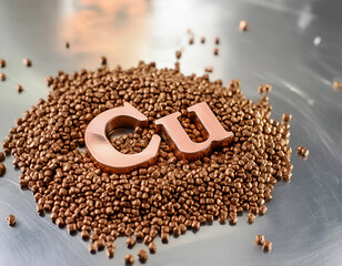 Naklejka premium Cu the periodic table symbol for copper sitting on top of some copper granules