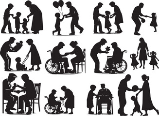 Vector silhouettes collection of grandparents grandchild playing together