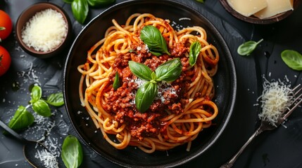 Close-up of a plate of Italian pasta with spices, top view, spicy herbs and tomato sauce and parmesan on a dark kitchen background, perfect for a healthy food recipe website or cooking school website