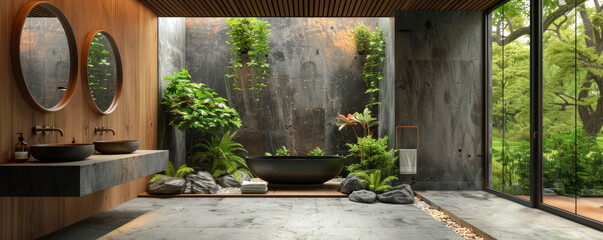 Eco-chic bathroom design with greenery and wood accents. Eco-friendly wooden decor, cedar floors and shelving create a modern atmosphere.