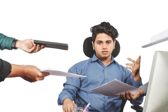 Multiple Hands Overwhelmed Worker Overburdened Employee with Multiple Hands Giving Tasks Workplace Stress and Multitasking