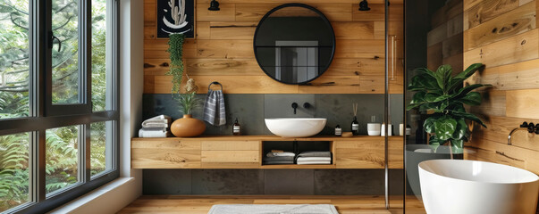 Eco design bathroom interior with an emphasis on environmentally friendly design and wooden elements. lots of wooden decor. Wooden shelves and cabinets made from natural materials.