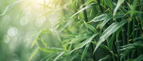 Fototapeta premium Close-up of vibrant green bamboo leaves with sunlight filtering through, evoking a sense of serene nature and tranquility.