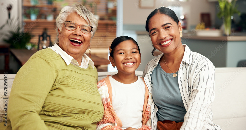 Wall mural Happy, portrait and family generations on sofa for bonding, support and relationship for childhood memory. Smile, grandmother and woman with child for care, fun and love together at house lounge