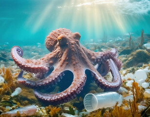 An octopus making its way through the plastic bottles and waste on the ocean floor
