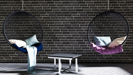 part of the empty room with the armchairs and table, 3d