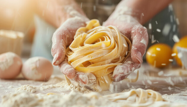 Hands holding freshly made pasta with flour and ingredients, showcasing homemade cooking and traditional culinary skills.