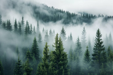 Misty mountain forest landscape with dense evergreen trees shrouded in fog, creating a serene and mysterious atmosphere.