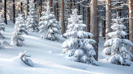 Fototapeta premium Serene winter forest scene with snow-covered trees, capturing the peacefulness and beauty of a snowy woodland landscape.