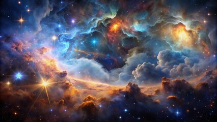 Naklejka premium Celestial expanse showcases vibrant nebula's ethereal clouds of gas and dust against a breathtaking, star-studded, inky black space background.