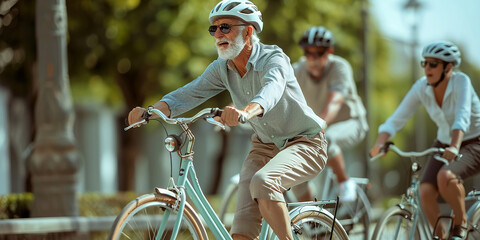 Elderly couple on bicycles  