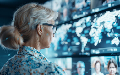 Woman analyzing global data on large screen, focusing on digital information, technology, world map, and video conferencing.